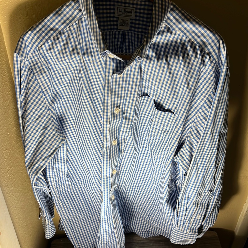 LL Bean Mens Wrinkle Free Traditional Fit Checkered Button Down Shirt